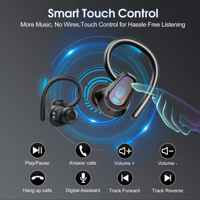 Jesebang earbuds next to a hand to show compact size and portable charging case