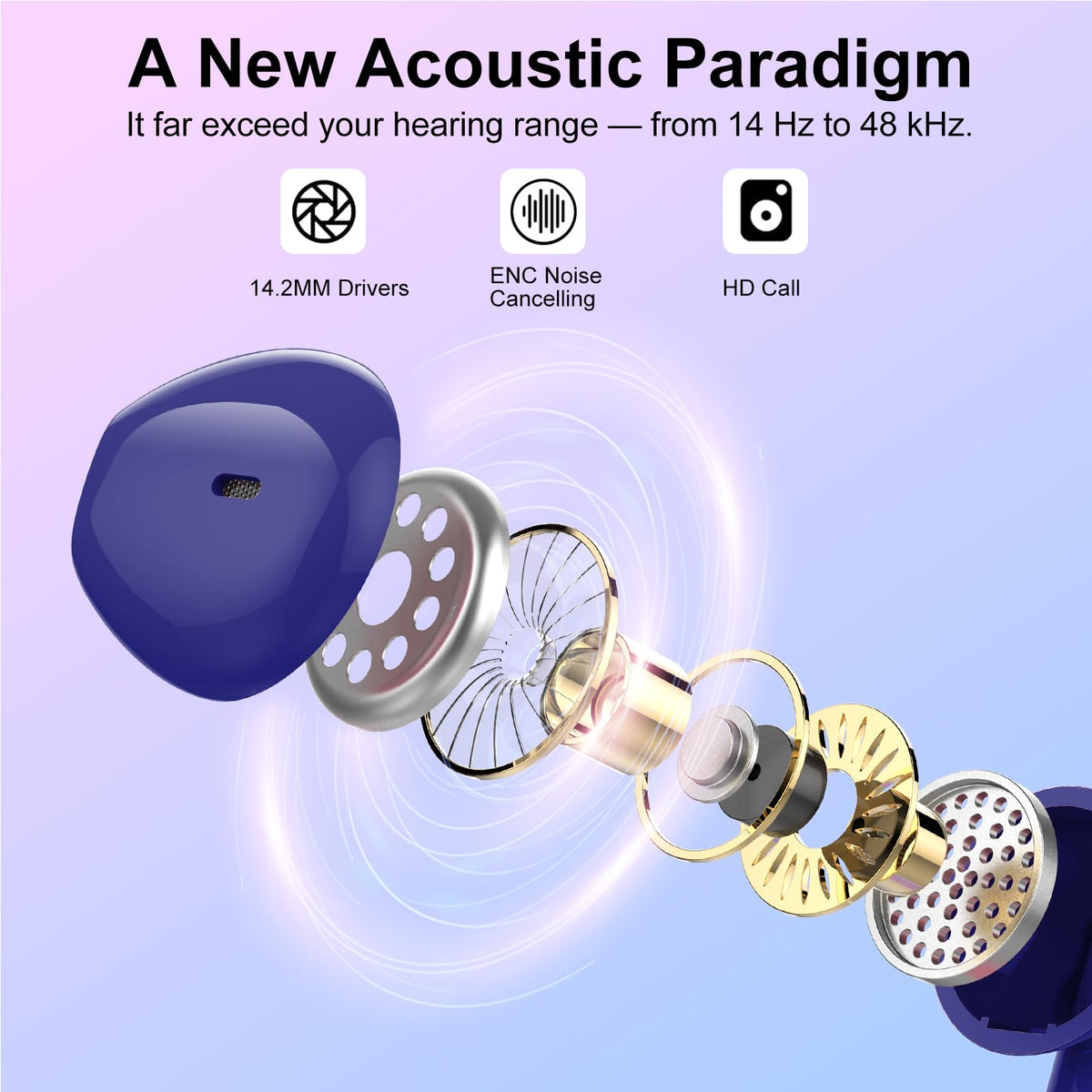 Jesebang wireless earbuds blue LED display; real-time battery info for worry-free listening.