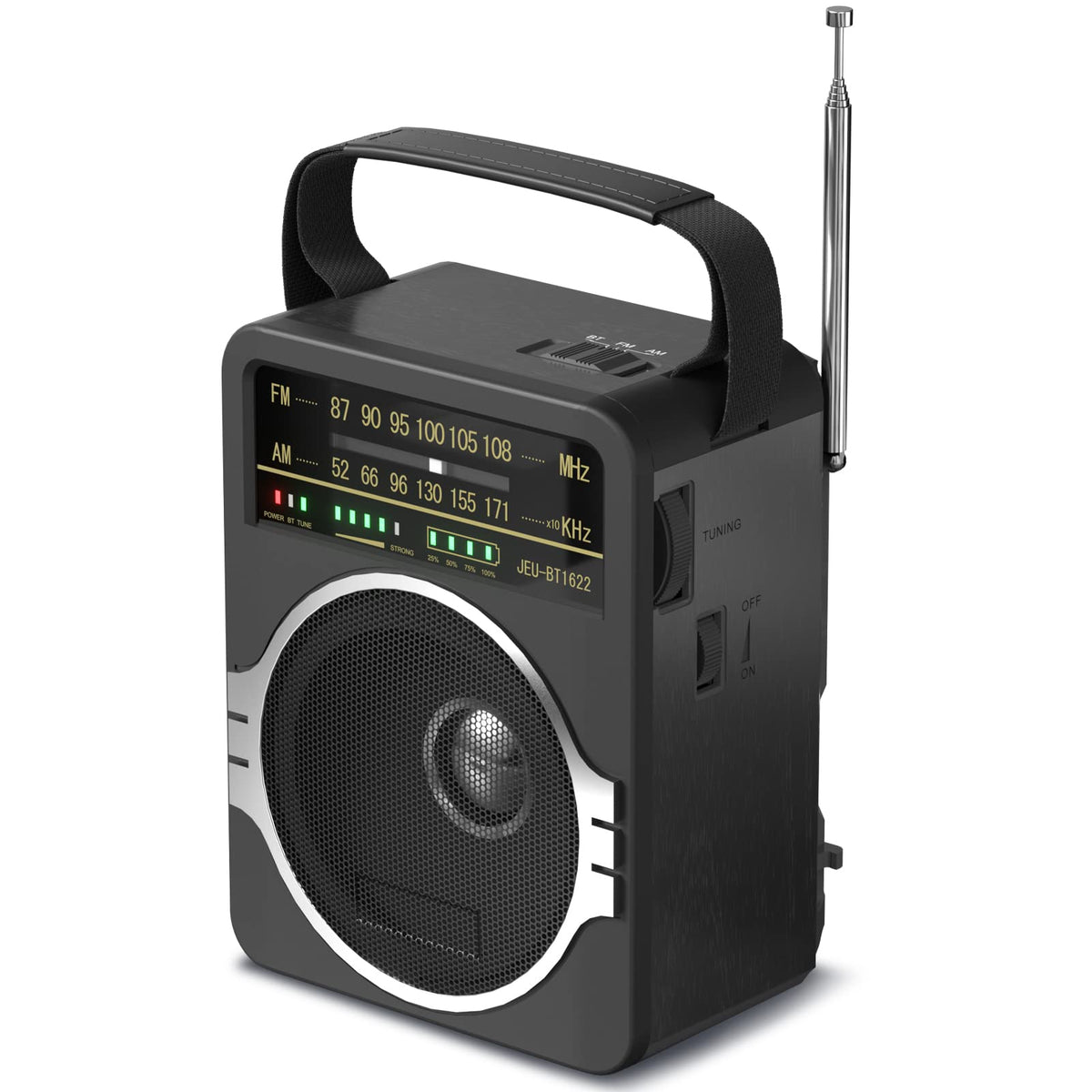JEUJUG front view of black radio showing speaker and controls for clear listening