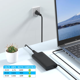 Jeunesse 130W AC adapter back view highlighting model compatibility.