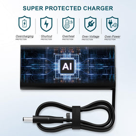 Jeunesse 130W AC adapter in use powering a Dell laptop.