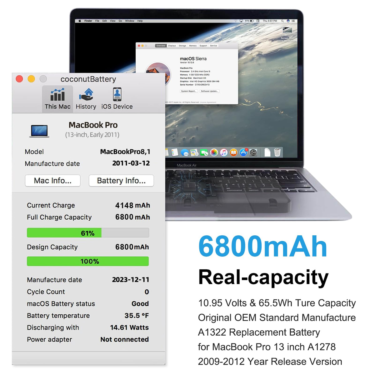 JGTM MacBook Pro 13 inch A1322 battery inside view showing connectors alignment