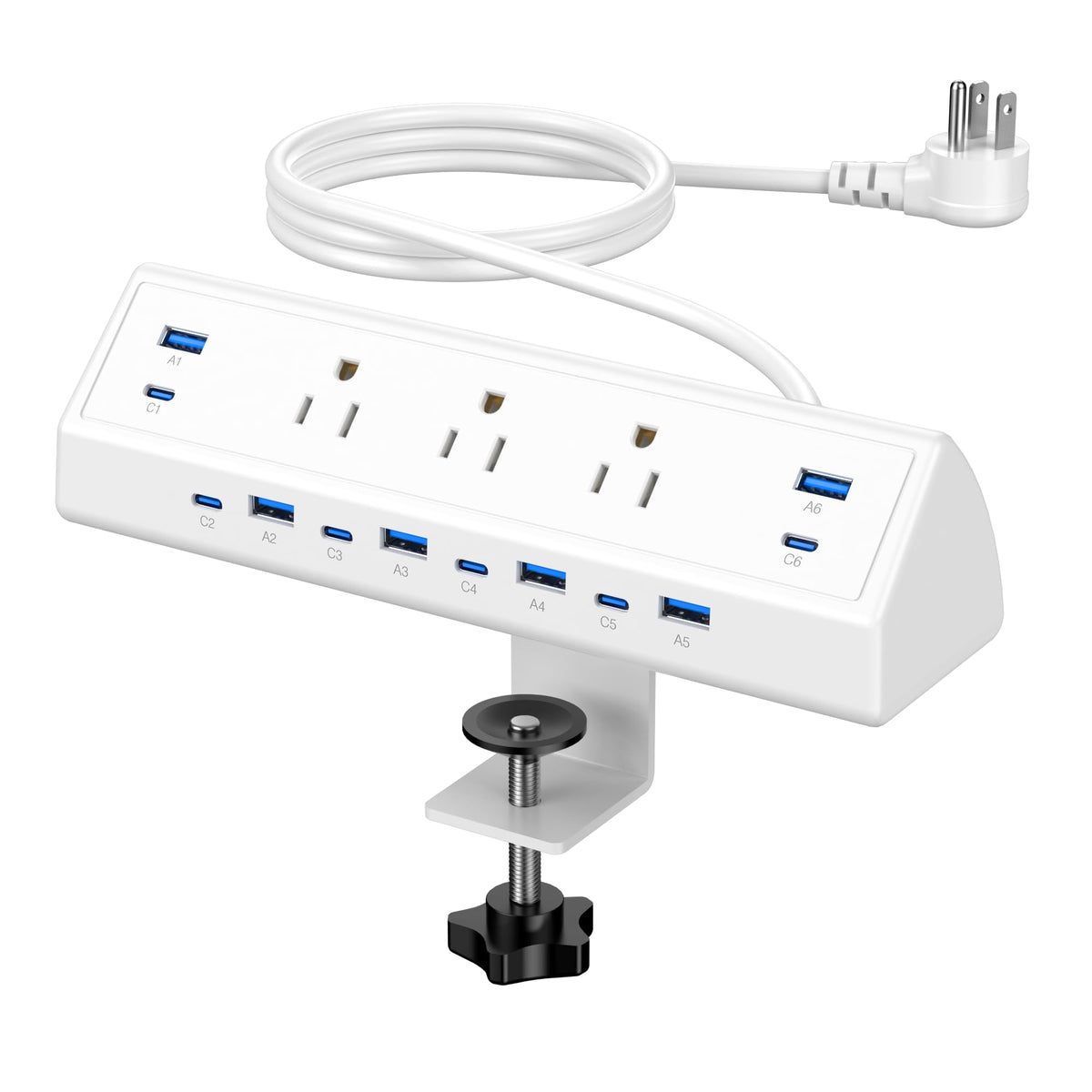 Jgstkcity 130W desk clamp power strip shows edge mounting for a tidy desk.