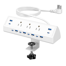 Jgstkcity 130W desk clamp power strip shows edge mounting for a tidy desk.