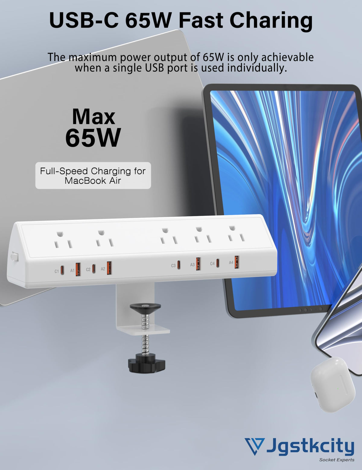 Jgstkcity power strip with five outlets and four USB-C ports for multi-device powering.