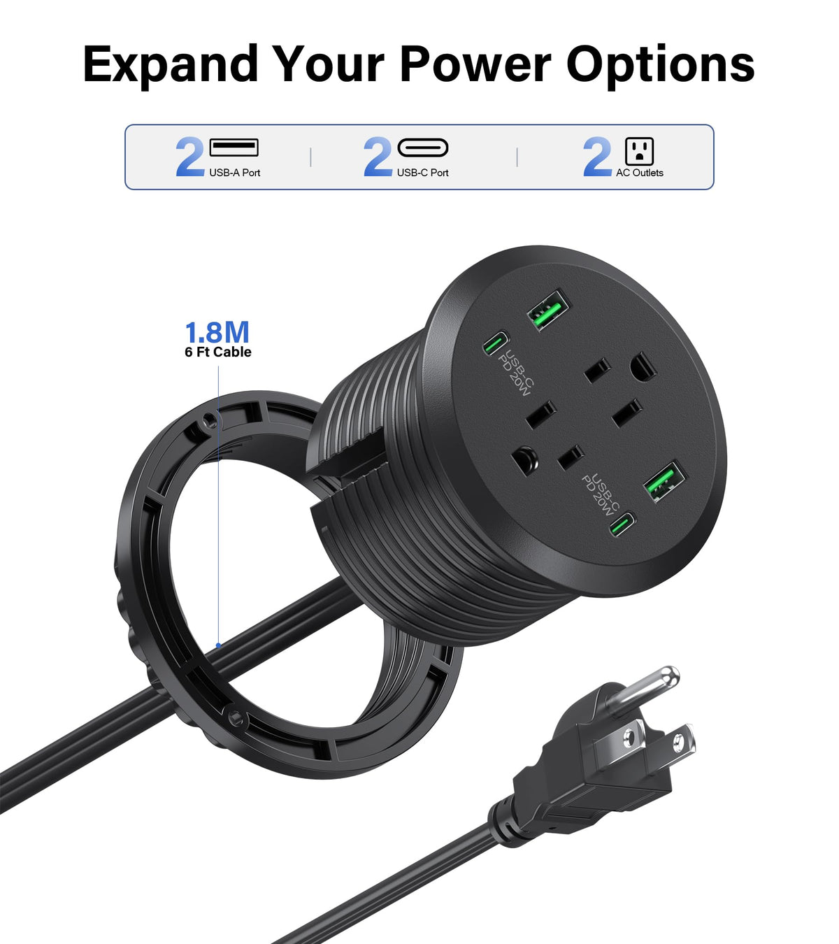 Jgstkcity 6ft cord reaches outlets across the desk or room.