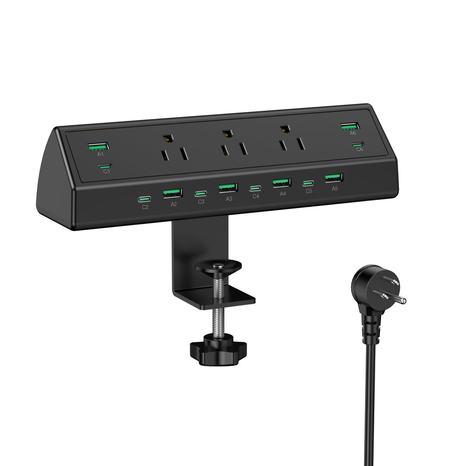 Jgstkcity 90W desk clamp power strip front view, compact and clutter-free