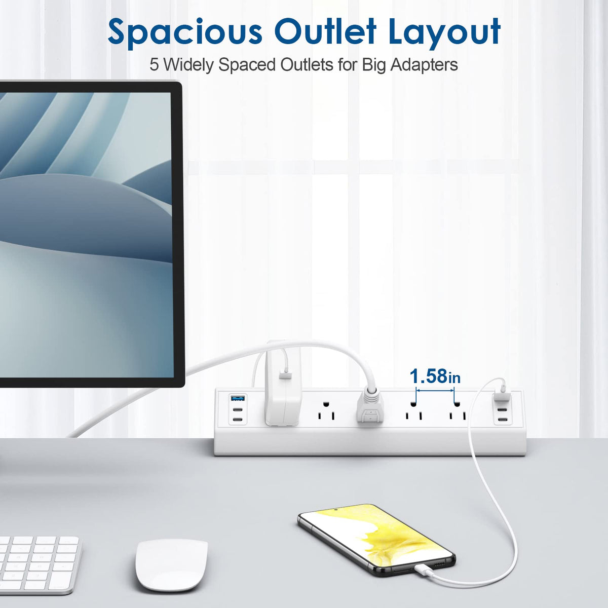 Jgstkcity closeup of AC outlets showing wide spacing for bulky adapters benefit