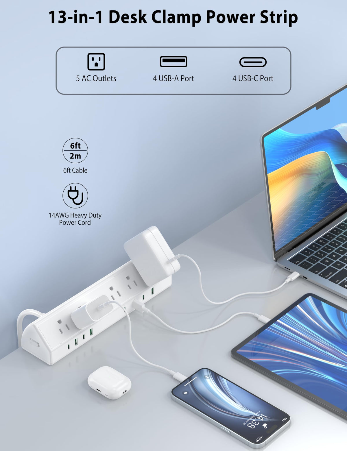Jgstkcity close-up of four USB-C and four USB-A ports and five AC outlets for fast charging