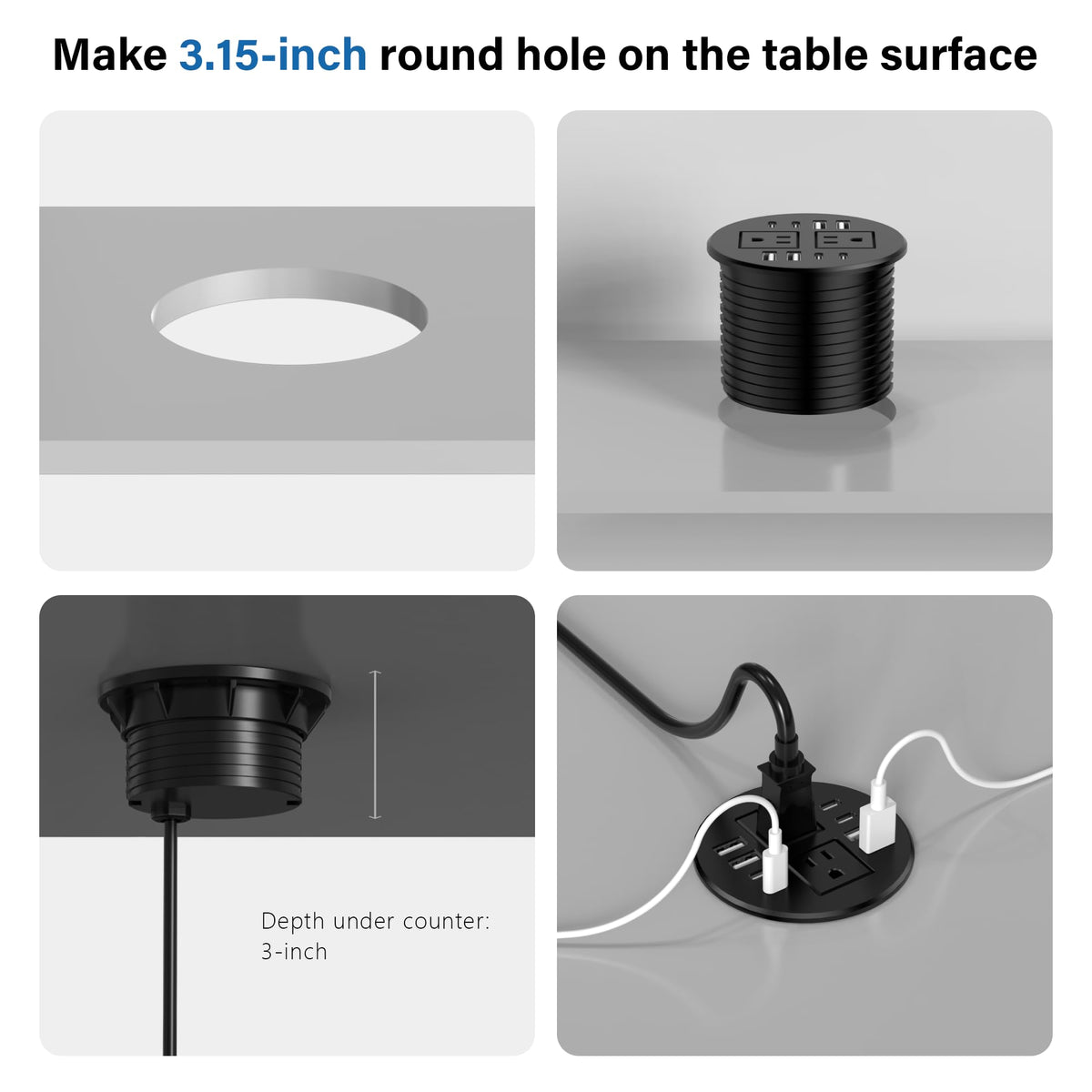 Jgstkcity grommet mounted on countertop for easy charging.