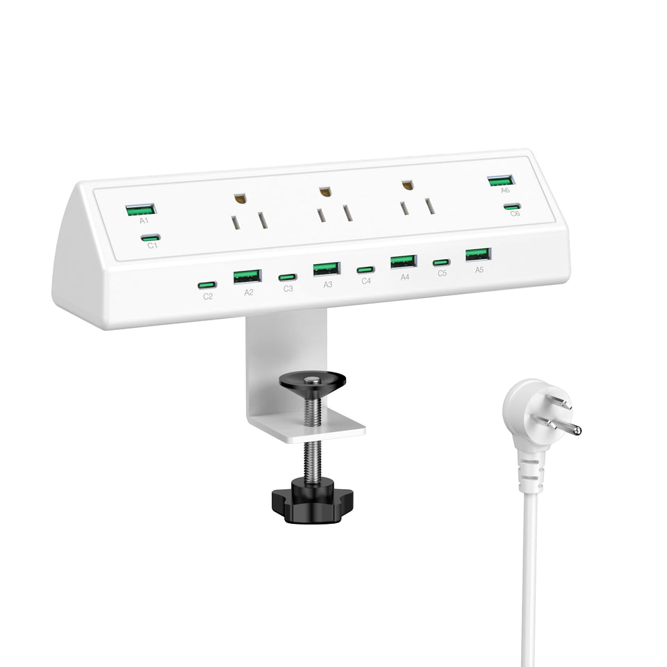 Jgstkcity desk clamp power strip mounted on edge showing multiple USB-C and USB-A ports for organized charging