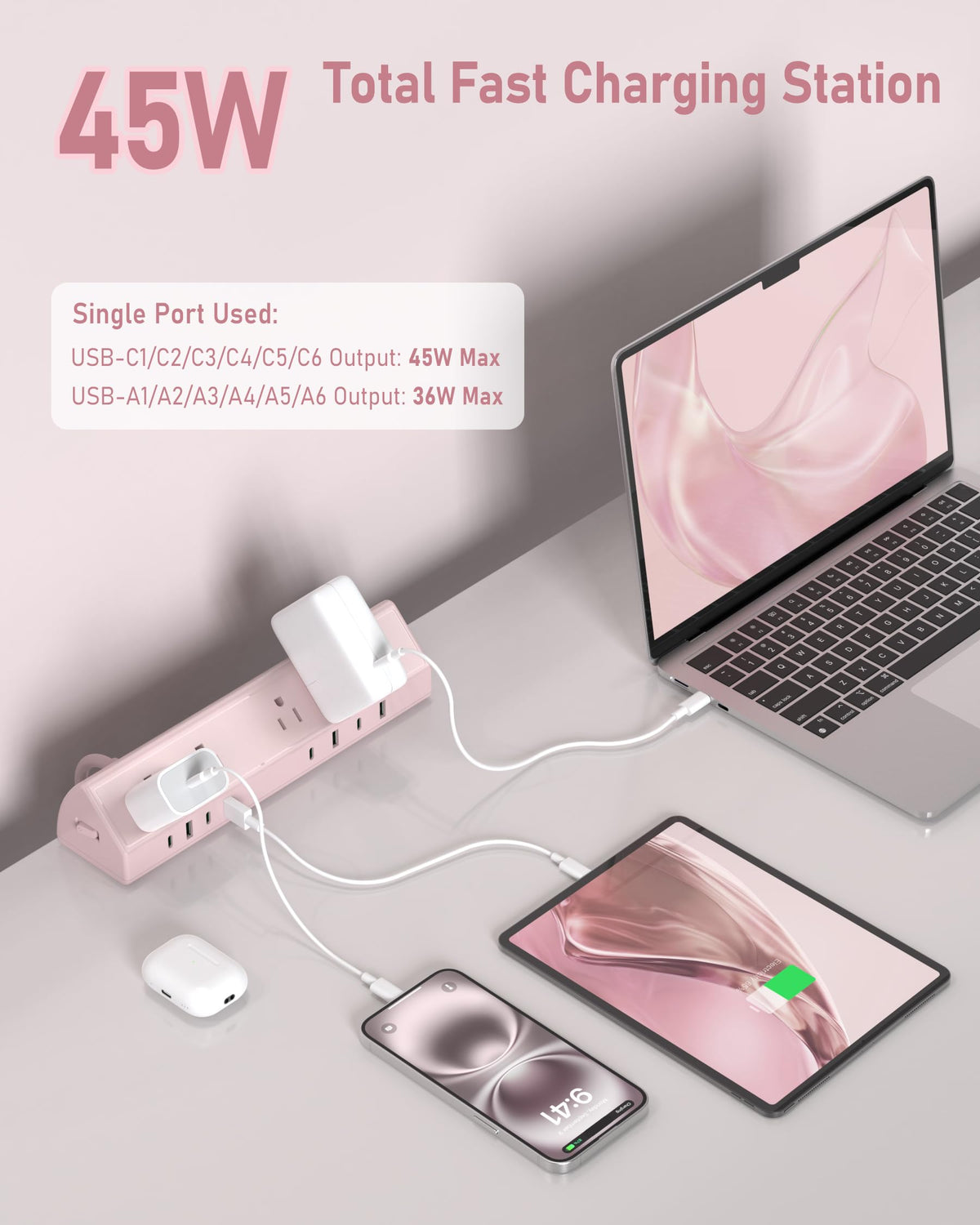 Jgstkcity desk clamp power strip USB-C ports close-up showing fast charging capability