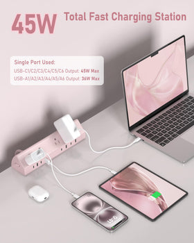 Jgstkcity desk clamp power strip USB-C ports close-up showing fast charging capability