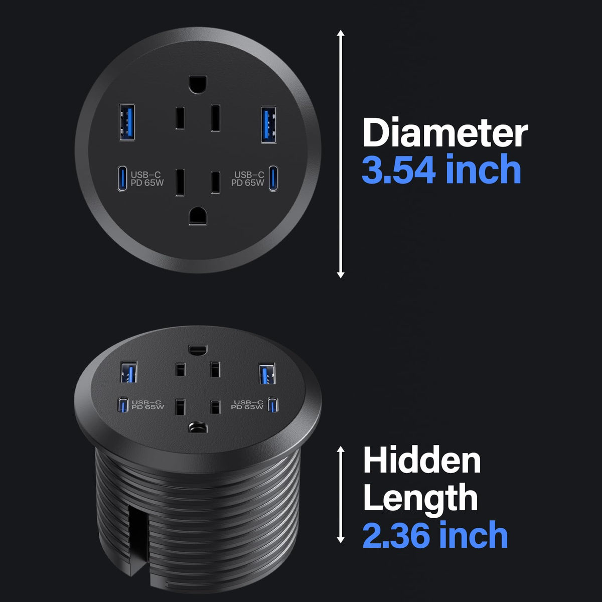 Easy installation through a 3-inch round desk hole