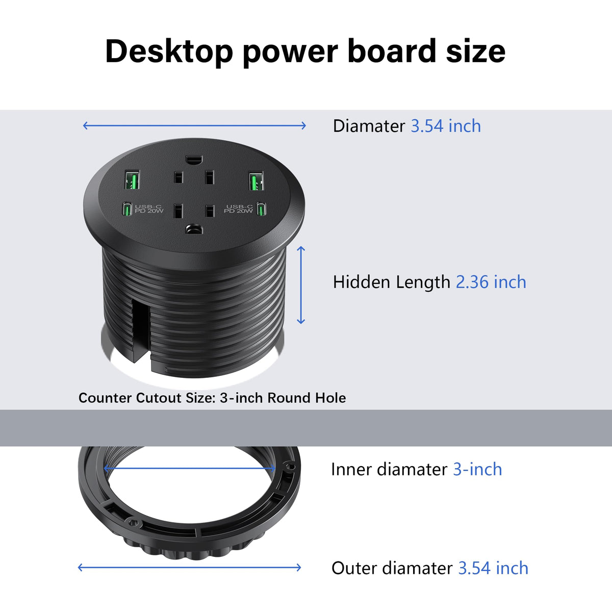 Jgstkcity flush-mount recessed power strip keeps desk surface neat.