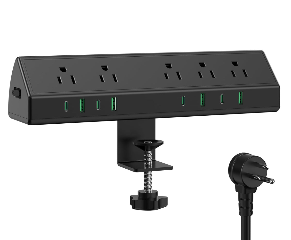 Jgstkcity front view of clamp power strip showing ports and neat cables, keeps desk organized