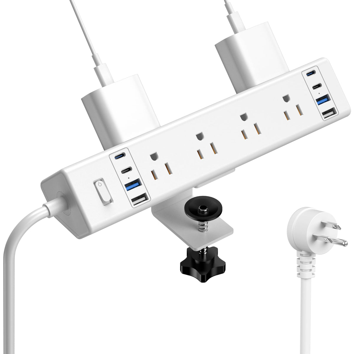 Jgstkcity front view showing clamp mounted power strip keeping desk organized