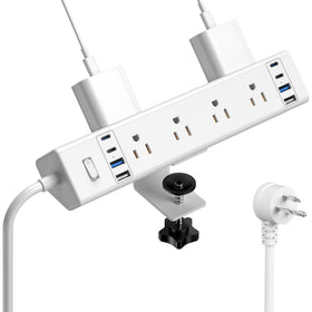 Jgstkcity front view showing clamp mounted power strip keeping desk organized