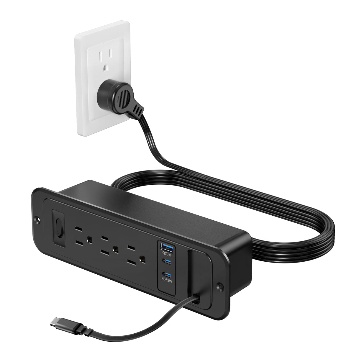Jgstkcity front view of flush-mounted power strip showing tidy countertop benefit
