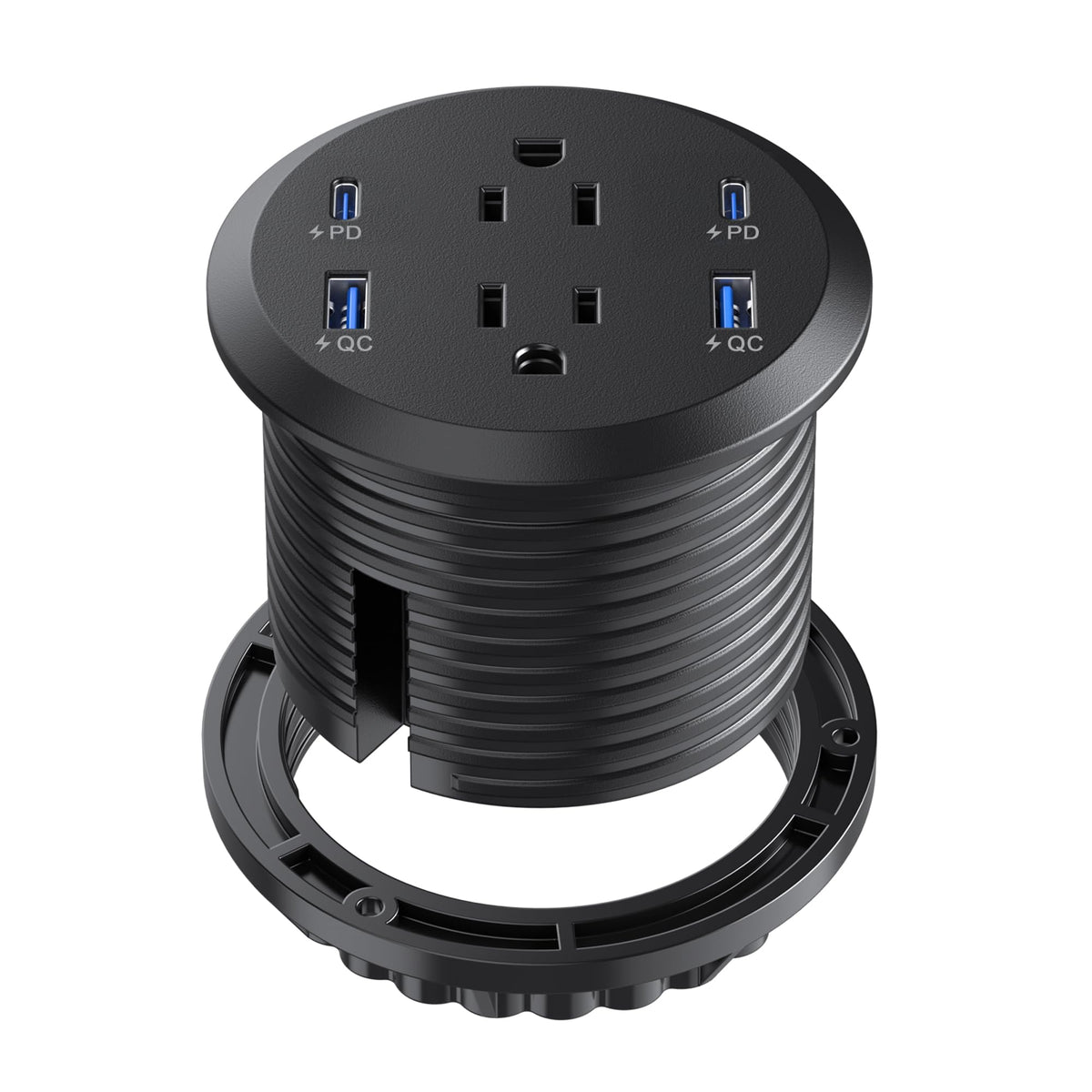 Jgstkcity front view of recessed grommet showing clean desk benefit