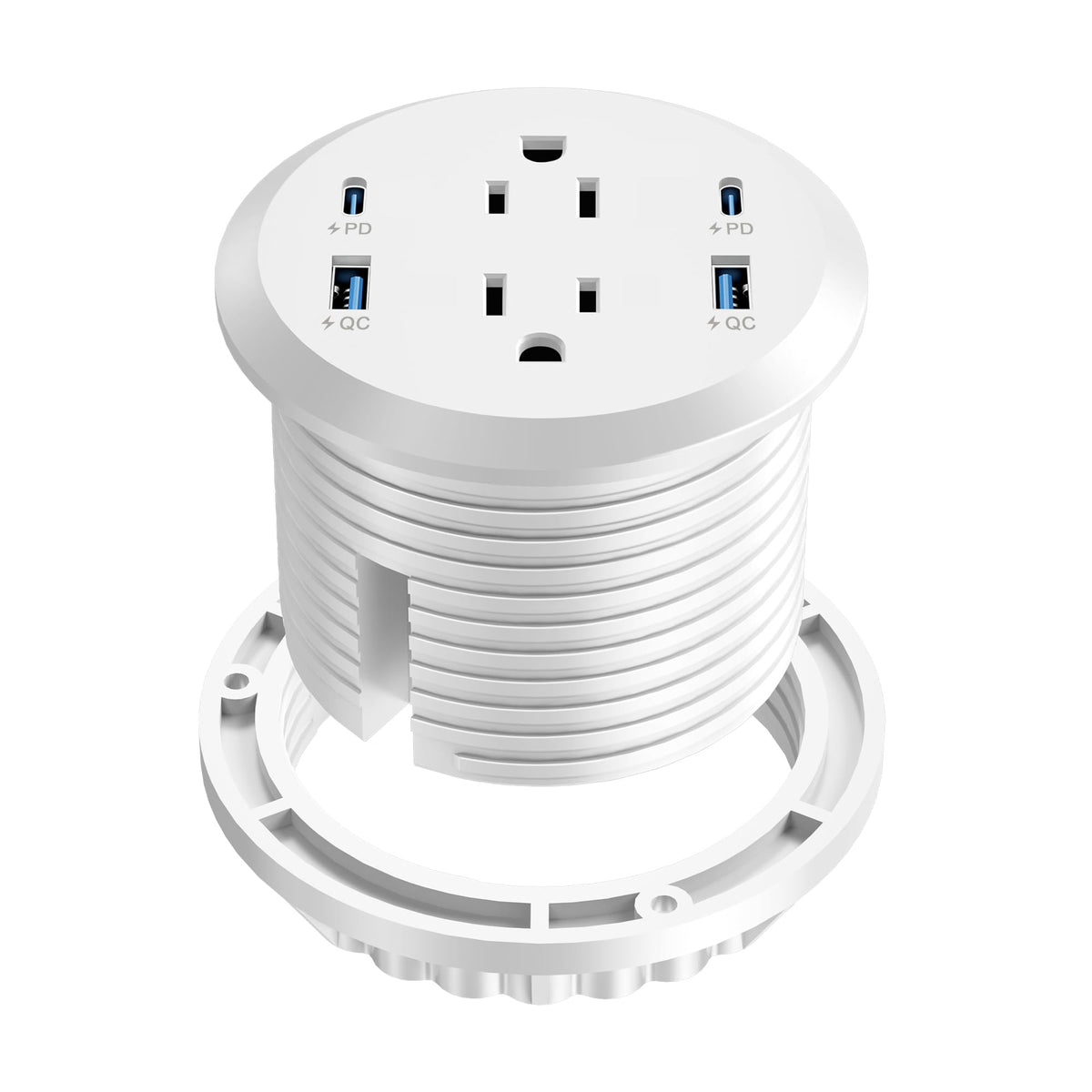 Jgstkcity front view of recessed desktop grommet showing outlets and USB ports for tidy workspace