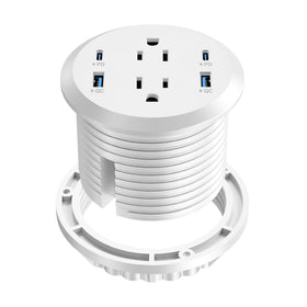 Jgstkcity front view of recessed desktop grommet showing outlets and USB ports for tidy workspace