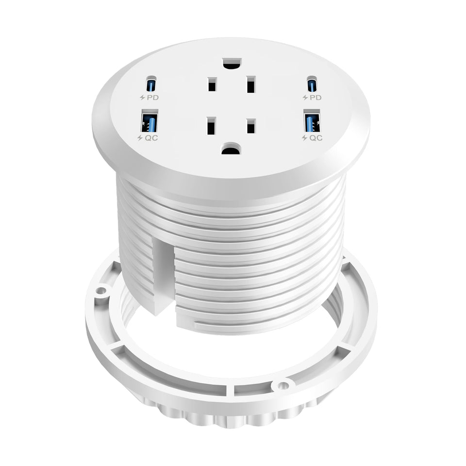 Jgstkcity front view of recessed desktop grommet showing outlets and USB ports for tidy workspace
