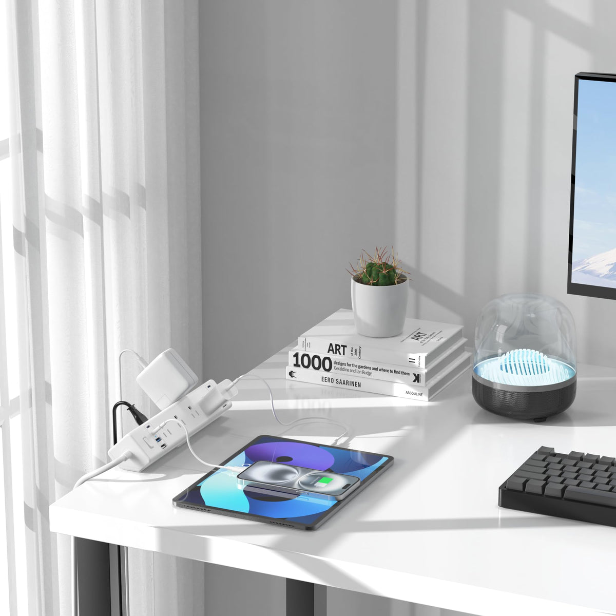 Jgstkcity on nightstand demonstrating tidy charging for phones and lights