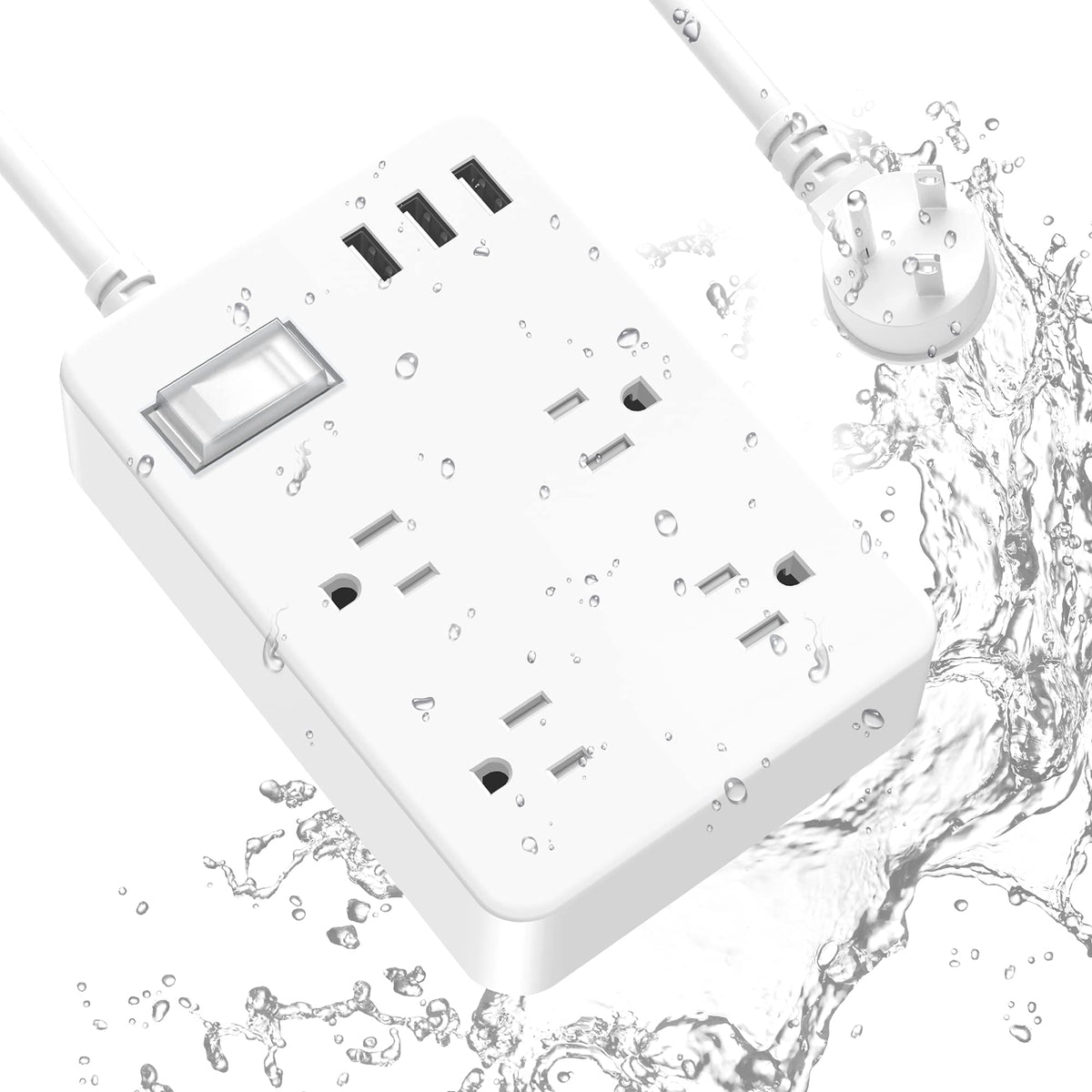 Jgstkcity outdoor power strip with four outlets and three USB ports for outdoor charging.