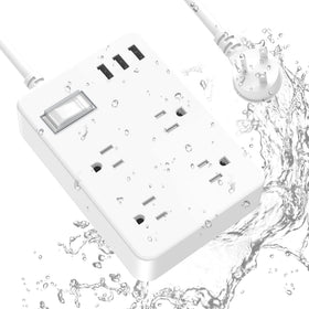 Jgstkcity outdoor power strip with four outlets and three USB ports for outdoor charging.
