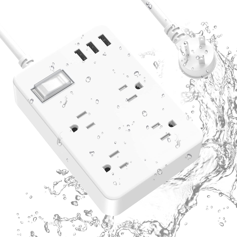 Jgstkcity outdoor power strip with four outlets and three USB ports for outdoor charging.