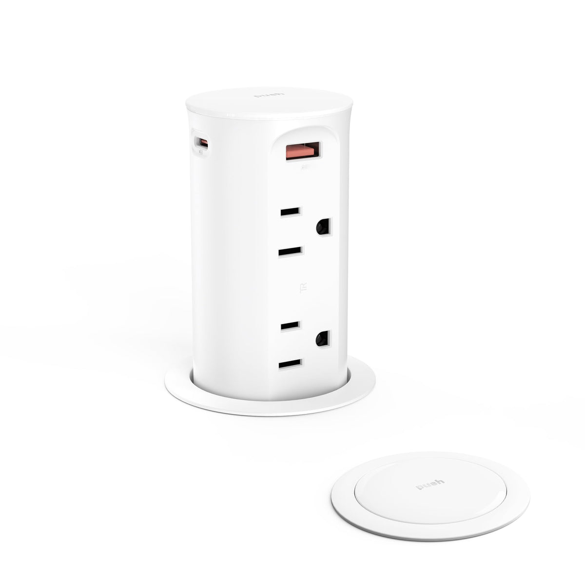 Jgstkcity pop-up outlet front view in white for clutter-free countertops.