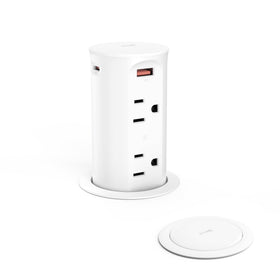 Jgstkcity pop-up outlet front view in white for clutter-free countertops.