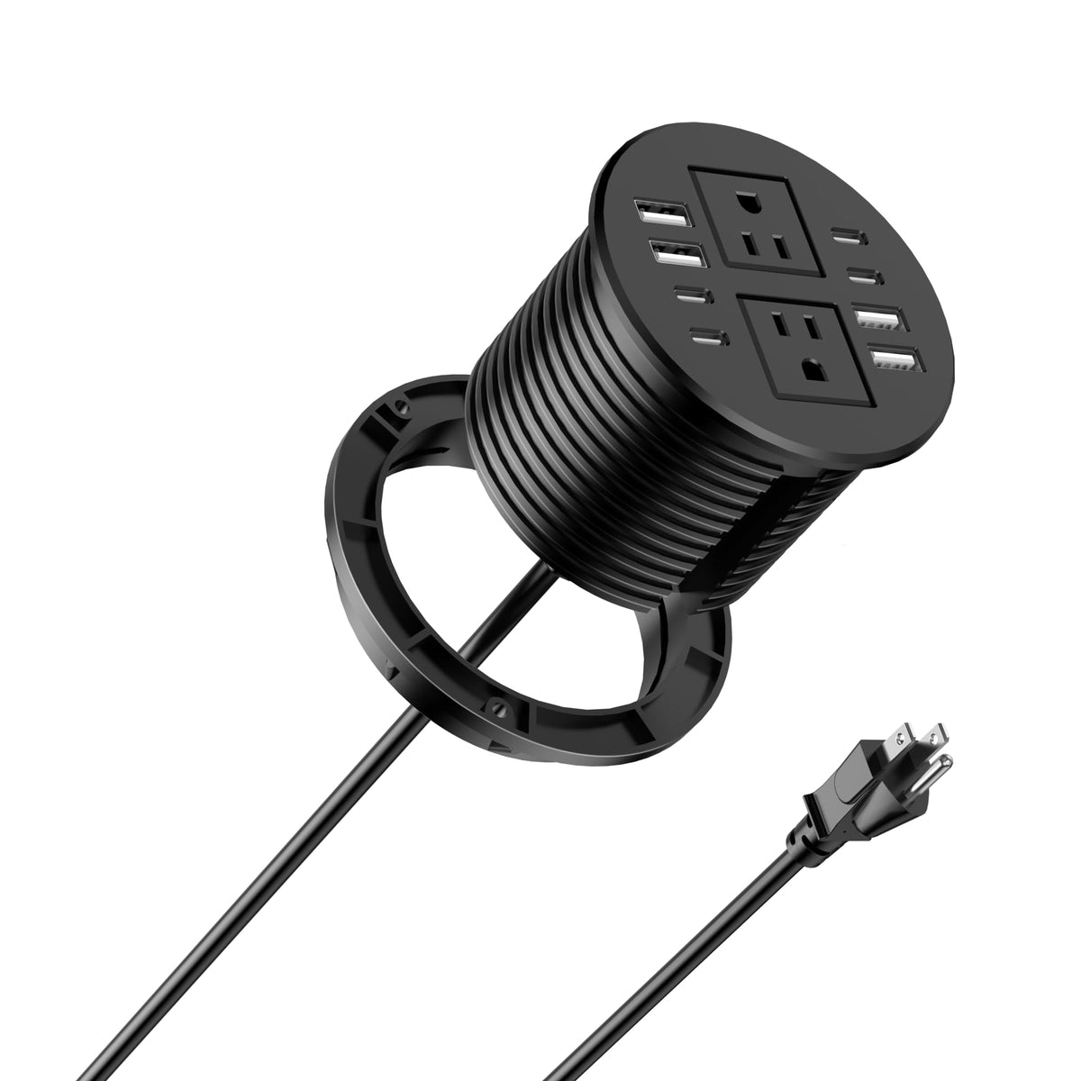 Jgstkcity power strip desk grommet flush view with 2 outlets and 8 USB ports.