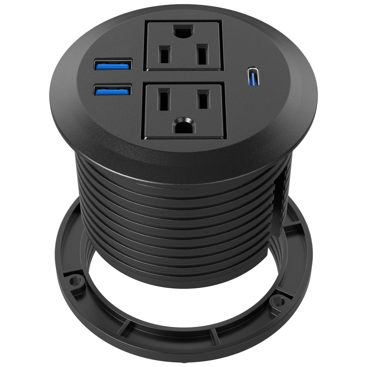 Jgstkcity recessed desktop power grommet with 2 outlets and 3 USB ports for clutter-free charging.