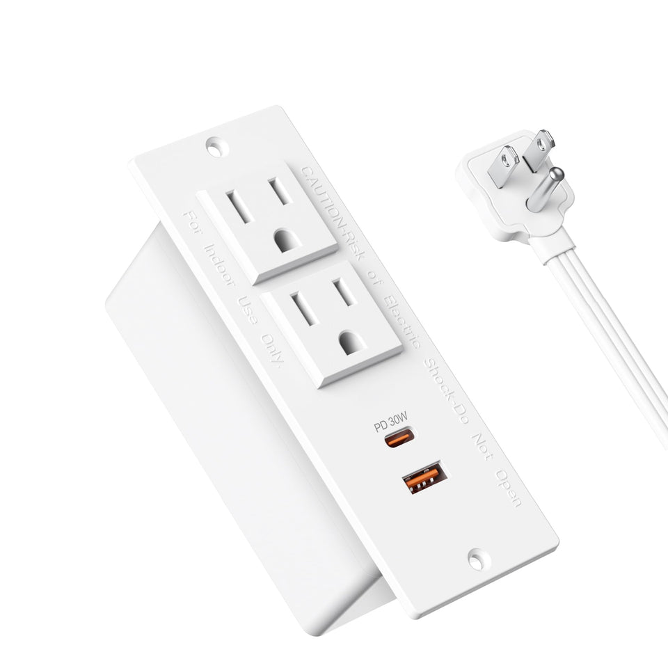 Jgstkcity recessed power strip front view showing a clean, integrated desk edge solution.