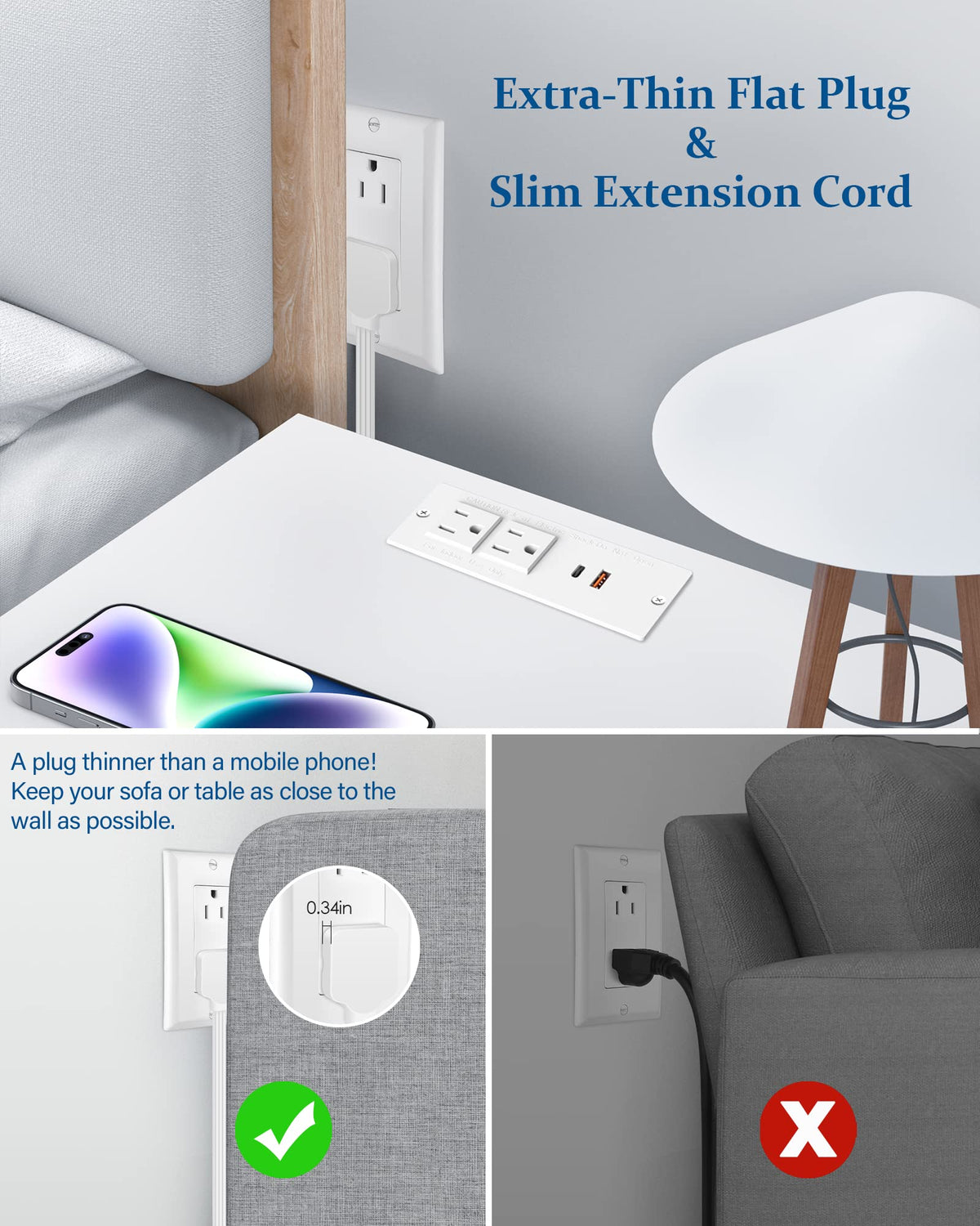 Jgstkcity recessed power strip ultra-thin plug design saves desk space.