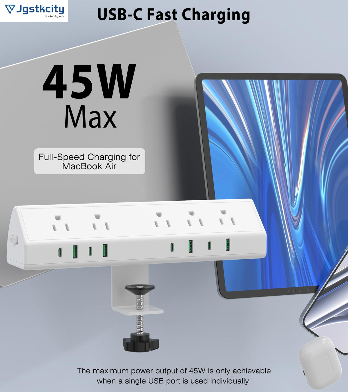 Jgstkcity close-up of USB-C and USB-A ports offering fast charging