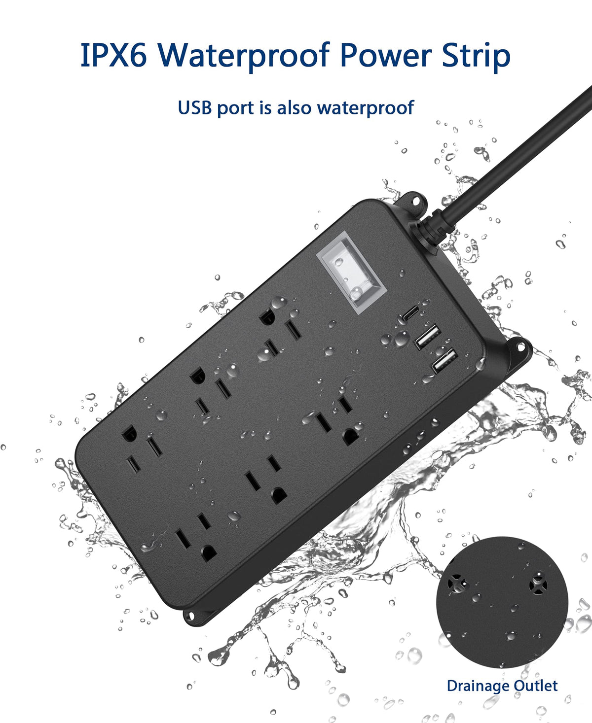 Weatherproof extension cord with six widely spaced outlets for bulky plugs