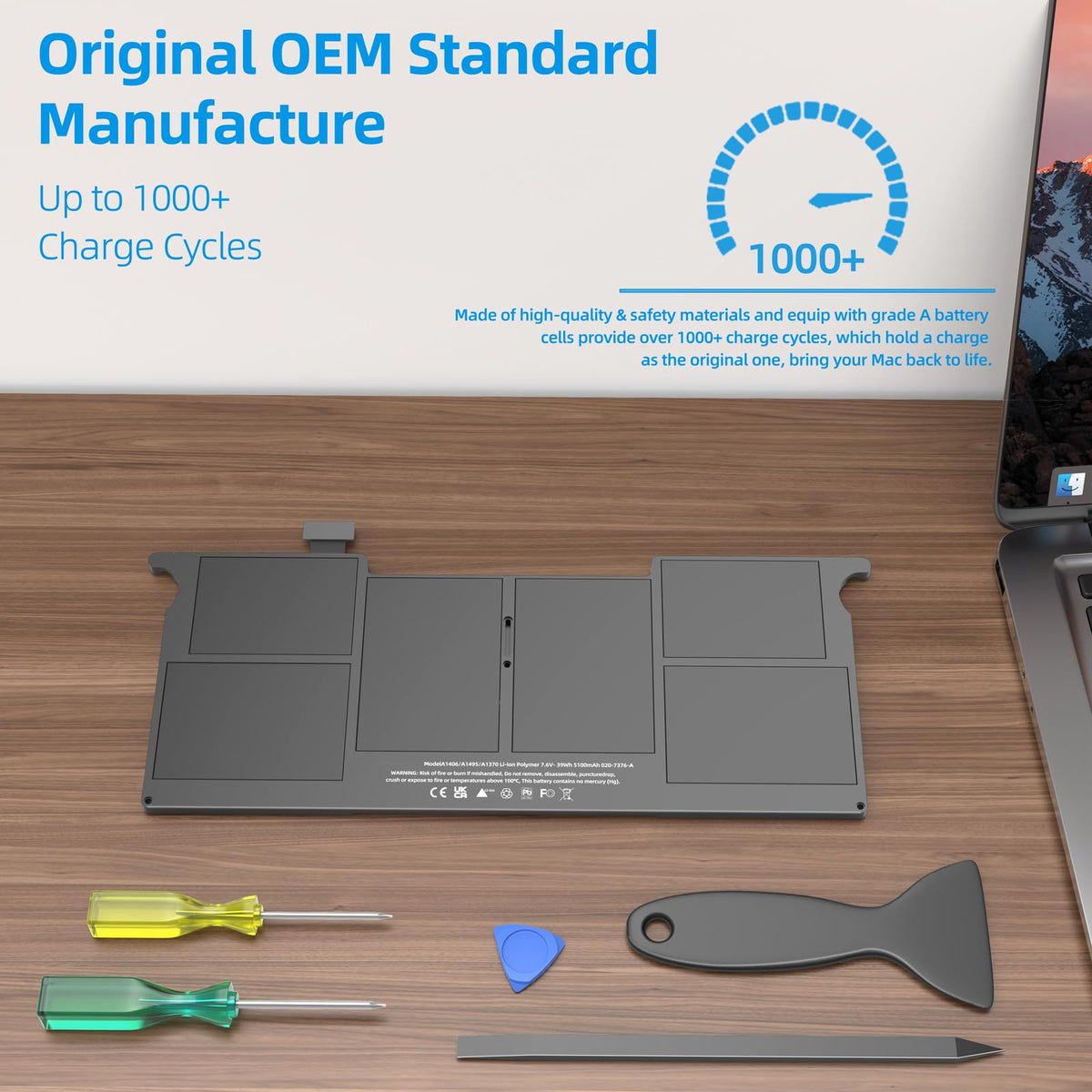 JGTM battery installed in MacBook Air 11 showing restored runtime benefit