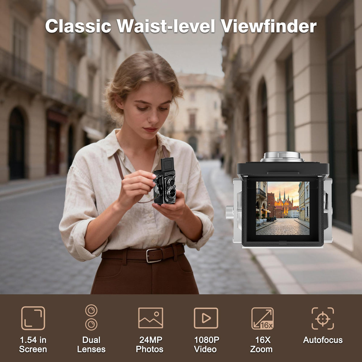 JH Mini Retro TLR camera 24MP stills deliver crisp, vibrant memories.