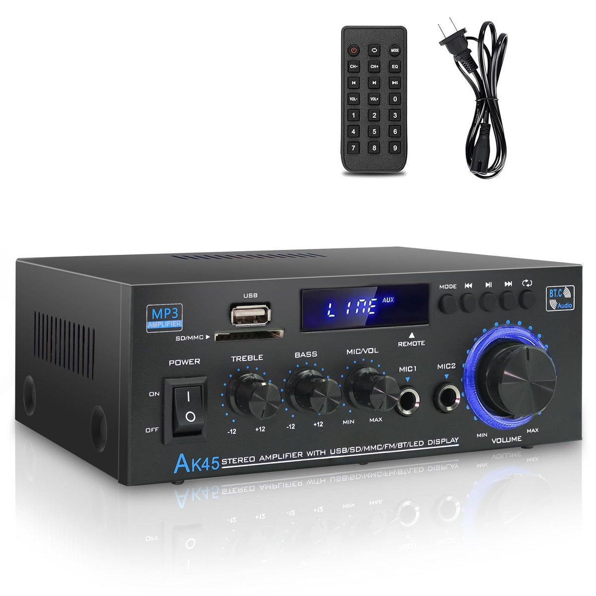 JIAATGA AK45 front panel with bass, treble and volume controls for quick tuning.
