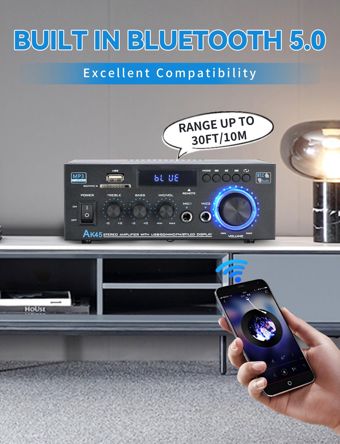 JIAATGA AK45 remote control for sofa-side listening adjustments.
