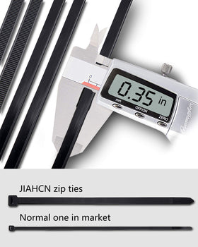 JIAHCN closeup of four-tooth lock on black zip tie.