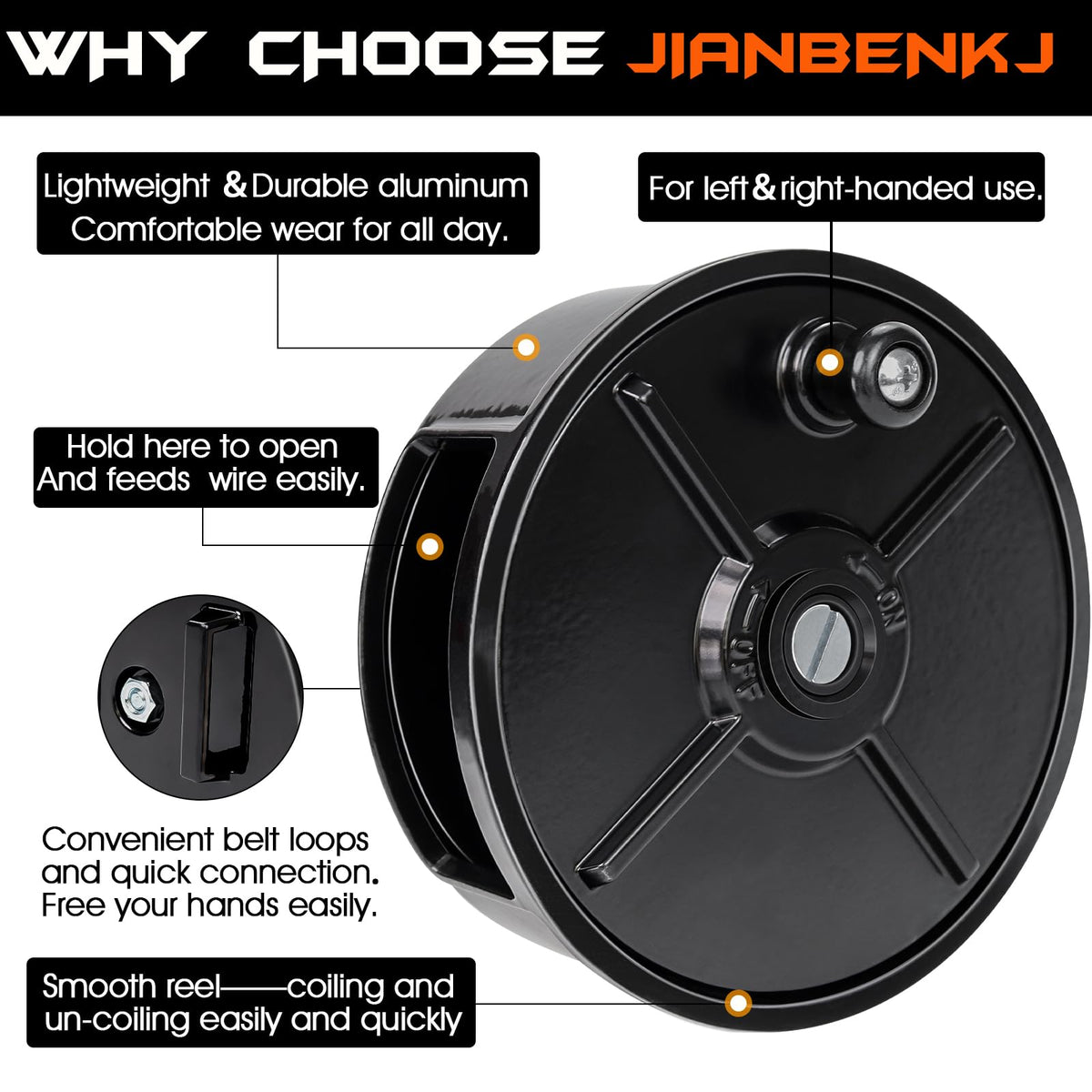 JIANBENKJ Tie Wire Reel Wheel featuring rewind knob and belt loops for fast setup.