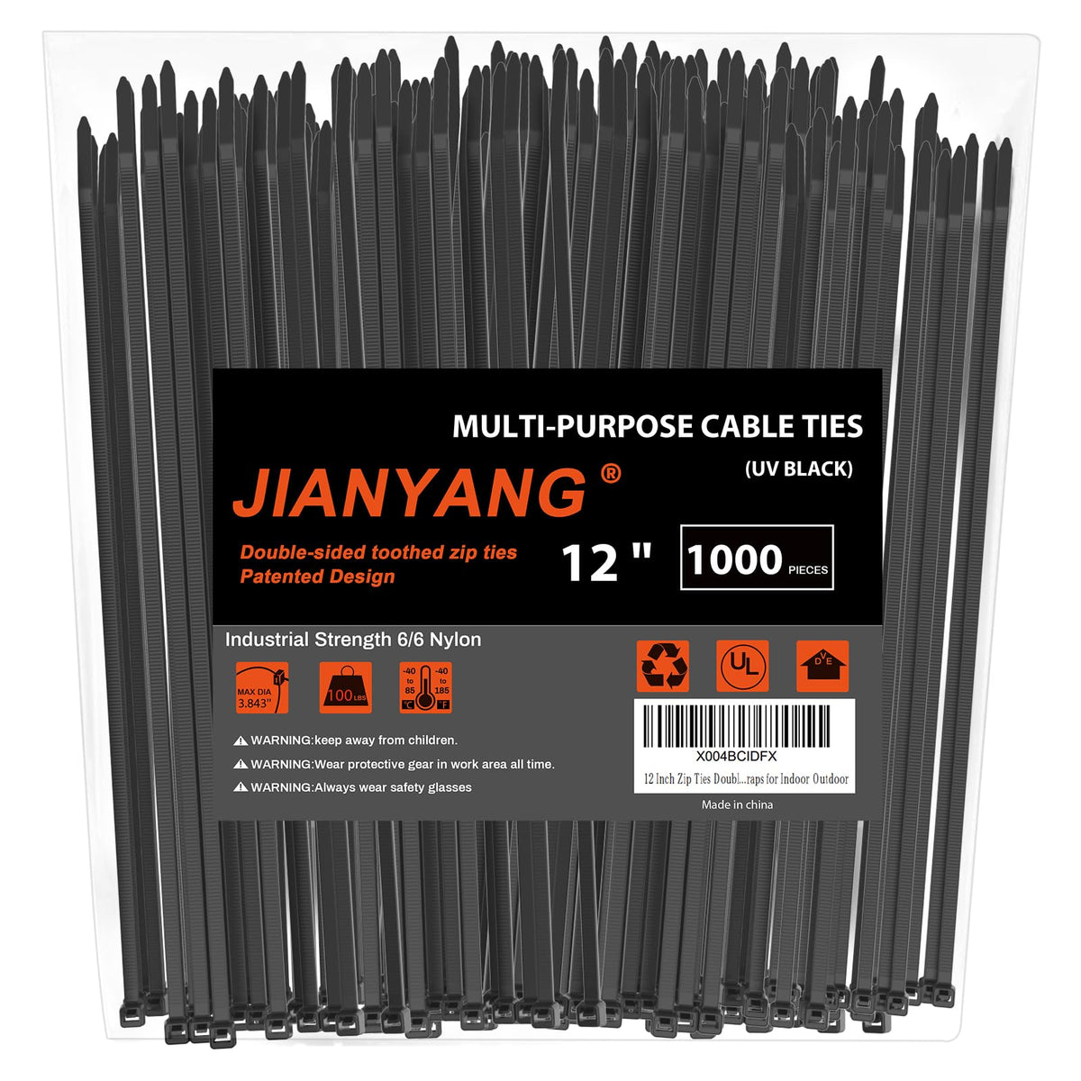 JIANYANG 12-inch zip tie with double-sided teeth for secure cable organization.