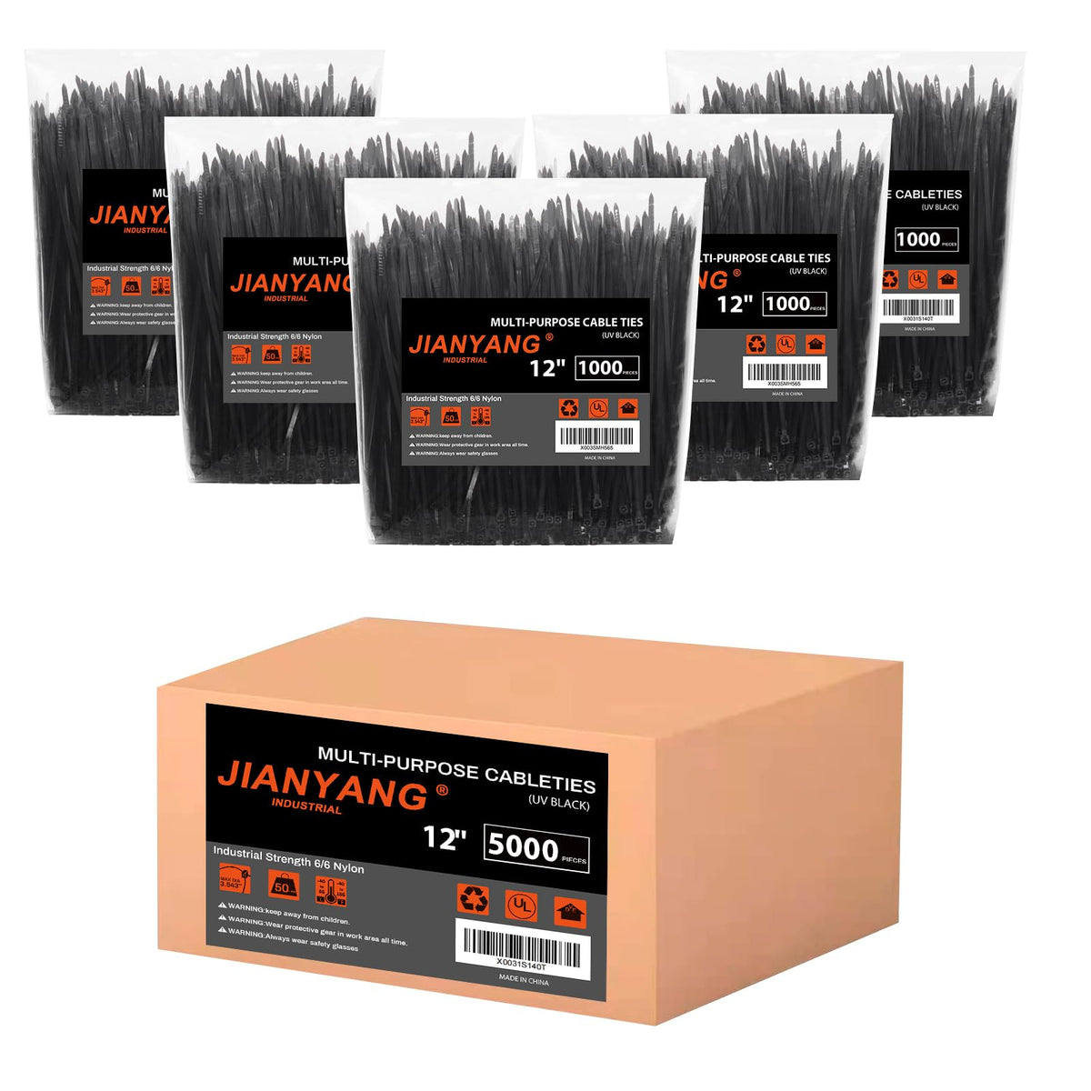 JIANYANG 12-inch zip ties with double-sided teeth for secure cable organization.