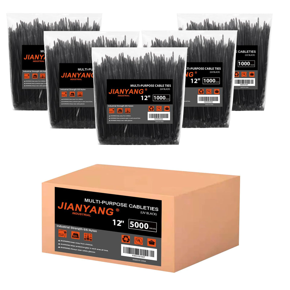 JIANYANG 12-inch zip ties with double-sided teeth for secure cable organization.