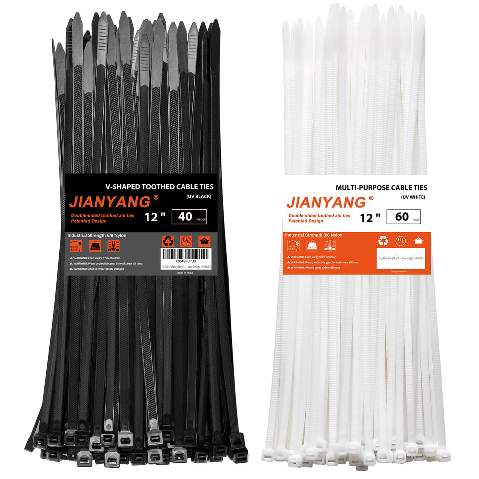 JIANYANG 12-inch black heavy-duty zip ties with high tensile strength for outdoor use