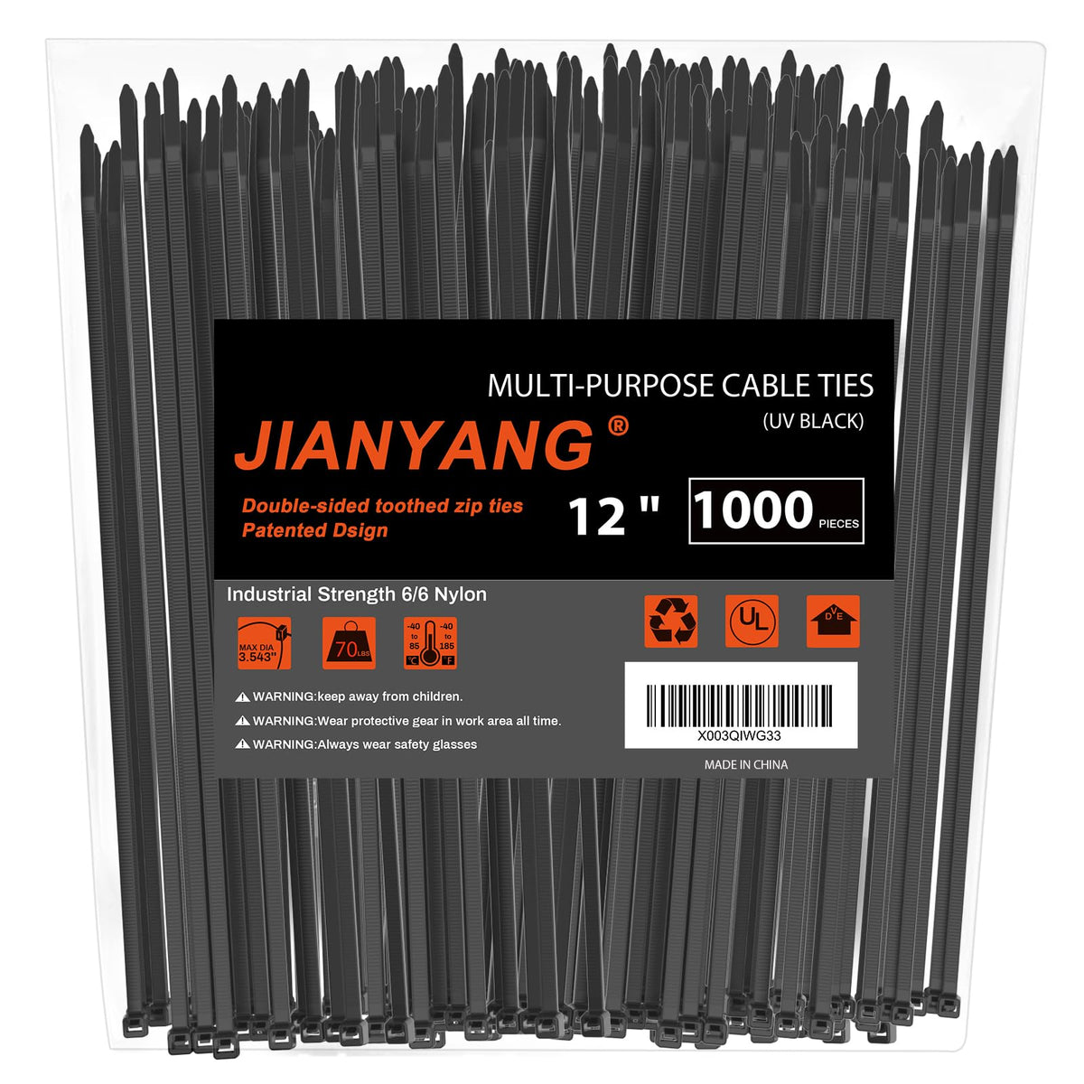 JIANYANG front pack of 1000 zip ties showing quantity and durability benefit